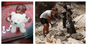 Baby wird versorgt, eine Frau hilft beim Bau eines Waisenhauses in Likoni.